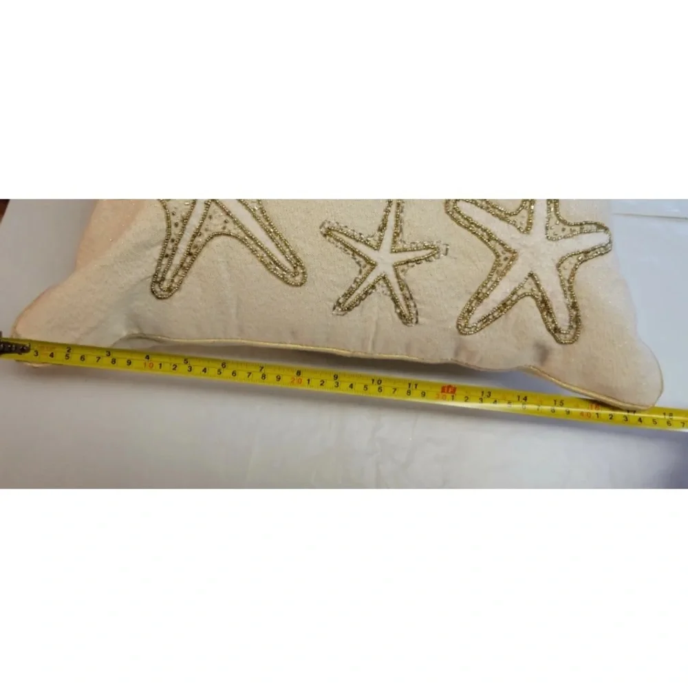 Bead Accent Toss Throw Pillow Starfish Sea Nautical Coastal Collection 18” Gold